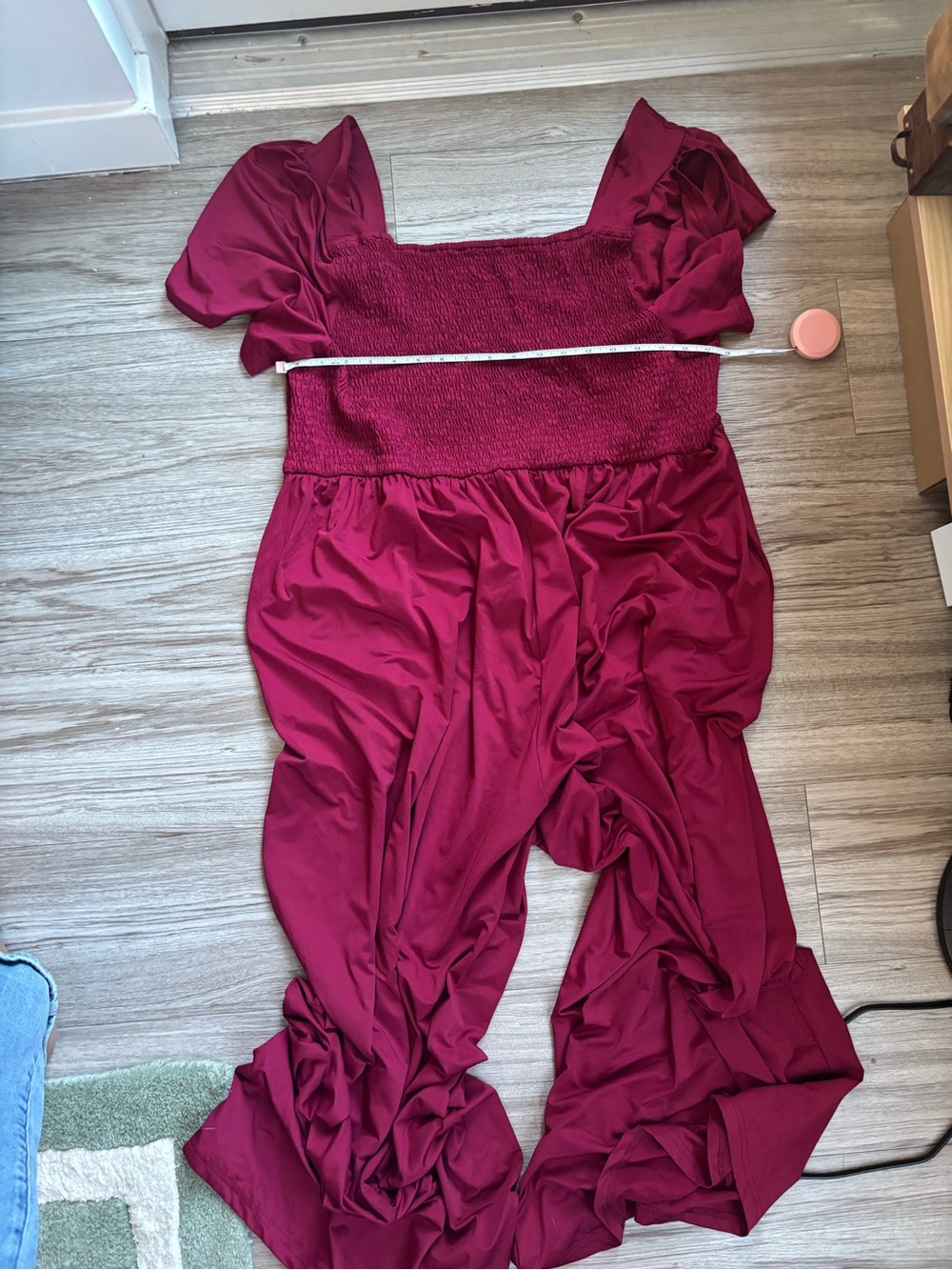 SHEIN Burgundy Smocked Puff-Sleeve Wide-Leg Jumpsuit